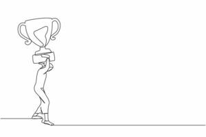 Single continuous line drawing Arab businesswoman carrying heavy trophy on her back. Female worker fail to achieve goal. Delayed career path at office. One line draw graphic design vector illustration