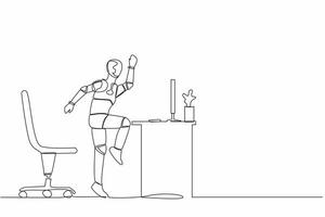 Single continuous line happy robot jumping and dancing on his workplace, computer desk. Celebrating success. Artificial intelligence machine learning process. One line draw design vector illustration