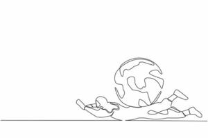 Continuous one line drawing Arabian businesswoman under heavy globe burden. Global warming responsibility, world leader commitment to take care our planet. Single line draw design vector illustration