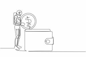 Single one line drawing of young astronaut putting dollar coin into big wallet. Saving money for space galactic expedition. Cosmic galaxy space. Continuous line draw graphic design vector illustration