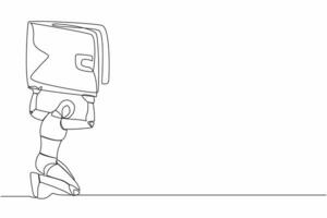 soltero continuo línea dibujo cansado robot que lleva pesado billetera en su atrás. financiero económico crisis a tecnología industria. artificial inteligencia máquina aprendiendo. uno línea diseño vector ilustración