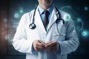 Medical banner with doctor wearing lap coat ai generative photo