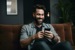 Man browsing smartphone in living room ai generative photo