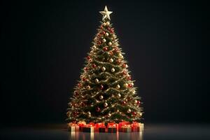 3d rendered Christmas tree adorned with gifts on isolated black background ai generative photo
