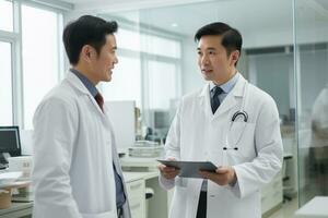 Portrait of two Asian men doctor talking each other in hospital hall ai generative photo