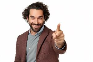 Enthusiastic businessman pointing finger and smiling on isolated white background ai generative photo