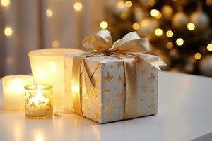 gift box with gold ribbon and candles on the table with christmas lights photo