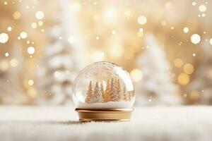 Christmas white decorations on snow with fir tree branches and christmas lights winter decoration ai generative photo