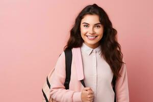 frente ver joven hembra estudiante con libro de copiar en su manos ai generativo foto