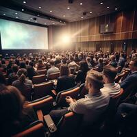 Rear side of audiences sitting and listening the speackers on the stage ai generative photo