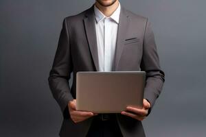 Happy young man using laptop computer on isolated background ai generative photo