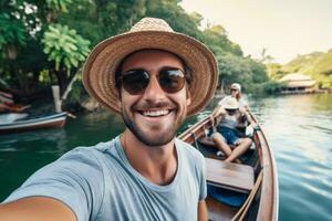 Joyful man capturing a selfie with hat and sunglasses ai generative photo