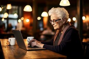 old mature woman using laptop in cafe ai generative photo