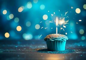 Birthday cupcake with a candle and festive tinsel decoration on a blue background with copy space ai generative photo