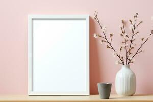 blank white frame on the wooden table with plants and pots ai generative photo
