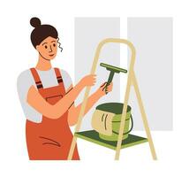 Housekeeping, Young woman housekeeper washes window glass, Sanitary services. Flat vector illustration on white background.