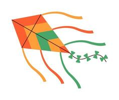 Wind air paper kite toy, flying tethered object with wings of diamond shape design. Kids summer entertainment. vector