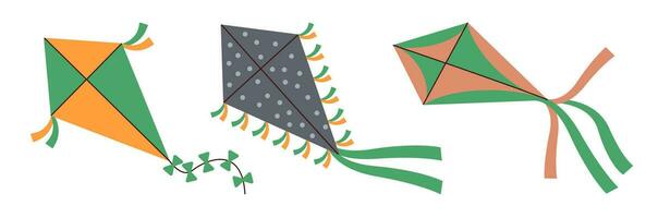 Set of kites. Kite toy , flying tethered object with wings of diamond shape design. Kids summer entertainment. vector