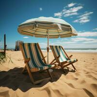 Vacation ambiance Sandy beach features beach chairs, blue sky, and warm sunlight For Social Media Post Size AI Generated photo