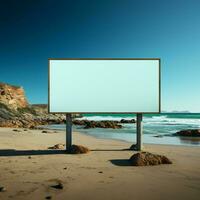 blanco cartelera en el playa con mar en el antecedentes para social medios de comunicación enviar Talla ai generado foto