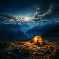 Nightscape in mountains lap Tent nestled among peaks, immersed in nocturnal calm For Social Media Post Size AI Generated photo
