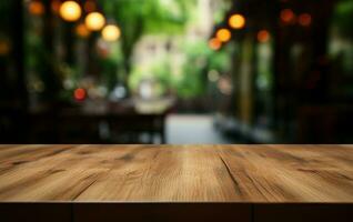 un café tiendas borroso fondo mejora un vacío de madera mesa ai generado foto