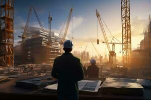 two man construction engineers supervising progress of construction project at construction site ai generative photo