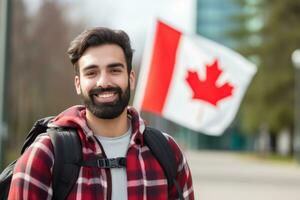 Portrait of a Hispanic college student carrying a backpack and standing Canada flag in background ai generative photo