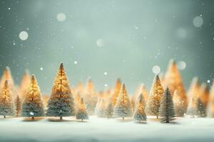 hermosa Navidad árbol con regalo cajas en invierno con bokeh antecedentes ai generativo foto