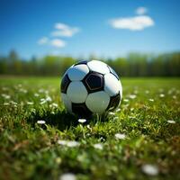 Soccer fields essence captured with a prominent soccer ball For Social Media Post Size AI Generated photo