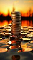 Towering coin stacks at sunrise evoke financial prowess and ambition Vertical Mobile Wallpaper AI Generated photo