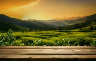 Wooden floor, serene tea plantation sunset backdrop in beautiful blur AI Generated photo