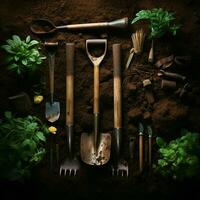 Soil and tools From above, gardening implements on rich soil backdrop, portraying planting For Social Media Post Size AI Generated photo