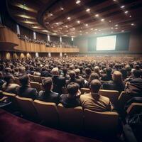 Rear side of audiences sitting and listening the speackers on the stage ai generative photo