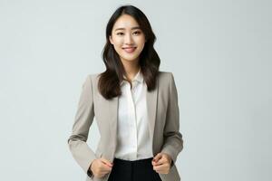 Enthusiastic asian businesswoman smiling on isolated white backgroundai generative photo