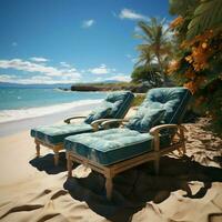 Beachfront reprieve Chaise lounges offer comfort against the backdrop of the ocean For Social Media Post Size AI Generated photo