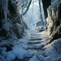 congelado aventuras ladera alpinismo hojas humano huellas grabado en Nevado camino para social medios de comunicación enviar Talla ai generado foto