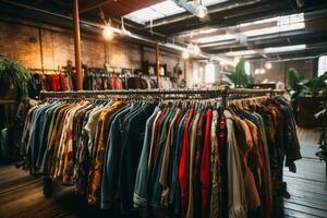 multi de colores vestidos colgando en Saco perchas en Tienda ai generativo foto