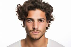 Close up portrait of curly handsome European man ai generative photo