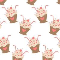 Seamless pattern of stylized dessert in a cup with cocktail straw, decor and cream in trendy shades vector