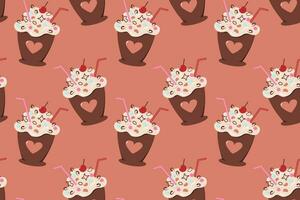 Seamless pattern of dessert in a cup with cocktail straw decoration and cream in trendy soft shades vector