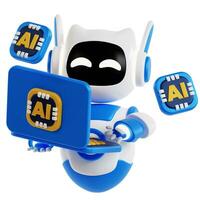 3D Robot icon design. Cute robot with laptop, 3D artificial intelligence photo