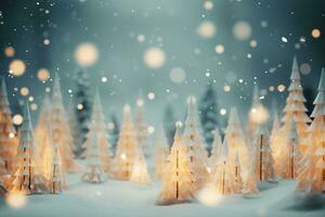 hermosa Navidad árbol con regalo cajas en invierno con bokeh antecedentes ai generativo foto