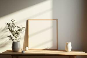 blank white frame on the wooden table with plants and pots ai generative photo