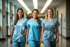 Tres hembra enfermeras en pie en un pasillo ai generativo foto
