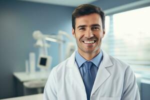 retrato de hermoso hombres médico trabajando en moderno hospital ai generativo foto