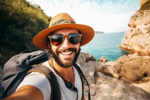 Joyful man capturing a selfie with hat and sunglasses ai generative photo