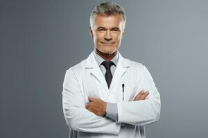 Portrait of handsome men doctor arm crossed against grey background ai generative photo