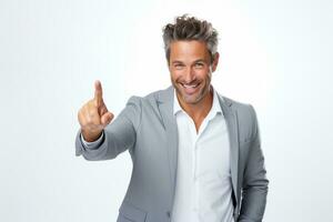 Enthusiastic businessman pointing finger and smiling on isolated white background ai generative photo
