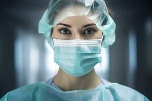 retrato de mujer médico trabajando en moderno hospital vistiendo máscara y gorra ai generativo foto